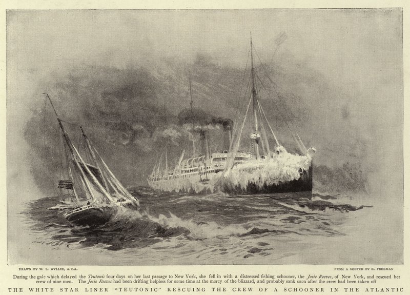 The White Star Liner Teutonic تنقذ طاقم Schooner في المحيط الأطلسي بواسطة وليام ليونيل ويلي