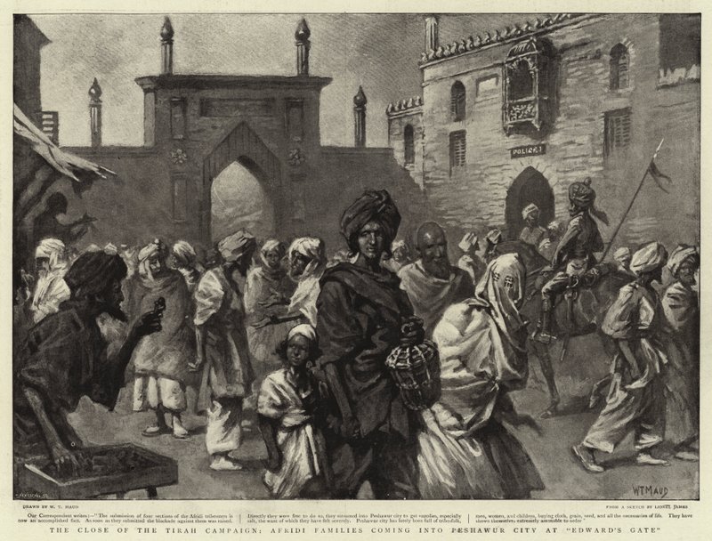 في ختام حملة تيراه ، عائلات أفريدي قادمة إلى مدينة بيشاور عند بوابة إدوارد بواسطة وليام ت. مود
