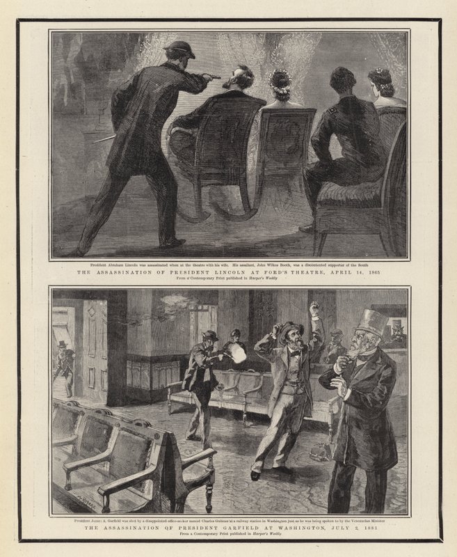 اغتيال الرئيس لينكولن في مسرح فورد ، 14 أبريل 1865 ، اغتيال الرئيس غارفيلد في واشنطن ، 2 يوليو 1881 بواسطة وليام ألين روجرز
