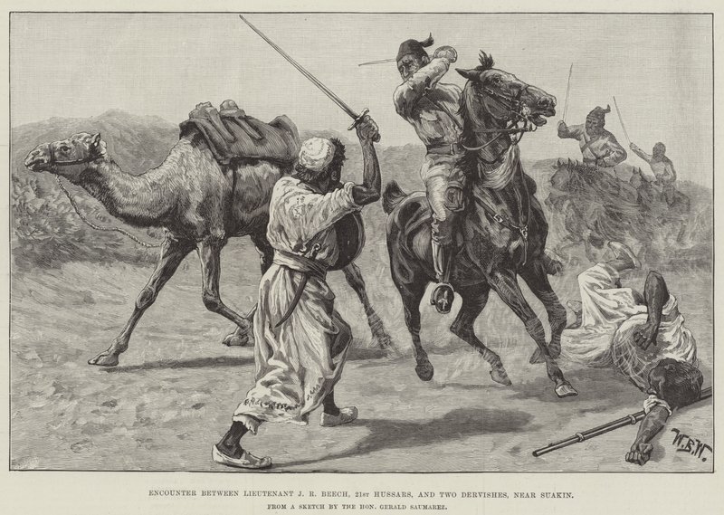 لقاء بين الملازم ج. ر. بيتش ، والفرسان الحادي والعشرين ، واثنين من الدراويش ، بالقرب من سواكن بواسطة صوف ويليام بارنز