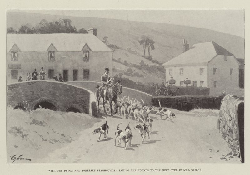 مع Devon و Somerset Staghounds ، أخذ كلاب الصيد إلى اللقاء عبر جسر Exford بواسطة صوف ويليام بارنز