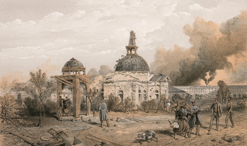 كنيسة في الجزء الخلفي من ريدان ، تطل على الشمال ، تظهر آثار الرصاص والقذيفة بواسطة وليام كريميا سيمبسون