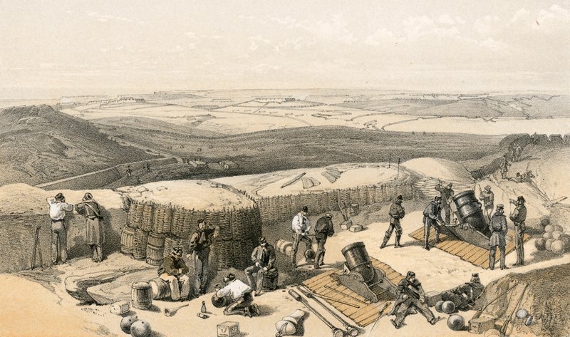 الأعمال الجديدة في حصار سيباستوبول على الهجوم الصحيح ، من مدفع الهاون على يمين بطارية جوردون بواسطة وليام كريميا سيمبسون
