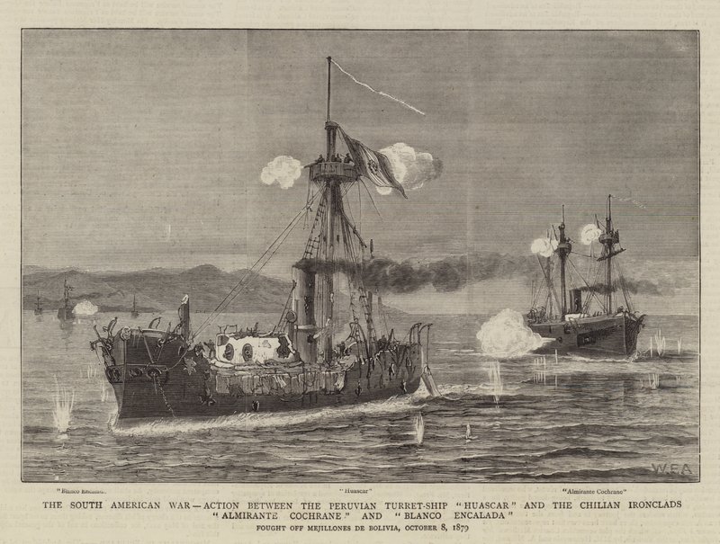 حرب أمريكا الجنوبية ، العمل بين سفينة البرج البرجية Huascar و Chilian Ironclads Almirante Cochrane و Blanco Encalada بواسطة وليام إدوارد أتكينز