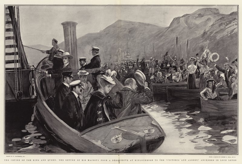 رحلة الملك والملكة ، عودة جلالة الملك من طريق الغزلان في Kinlochmore إلى فيكتوريا وألبرت ، راسية في بحيرة ليفين بواسطة وليام هاثريل