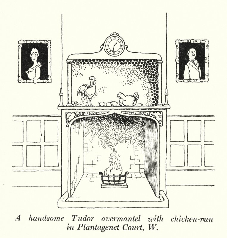 A وسيم تيودور overmantel مع دجاجة الجري في بلانتاجنيت كورت ، دبليو (ليثو) بواسطة وليام هيث روبنسون