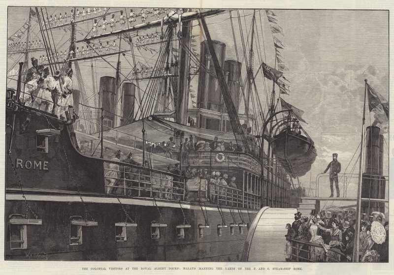 الزوار الاستعماريون في رويال ألبرت دوكس ، الملايو الذين يديرون ساحات السفينة P و O Steam-Ship Rome بواسطة وليام هيشام أوفرند