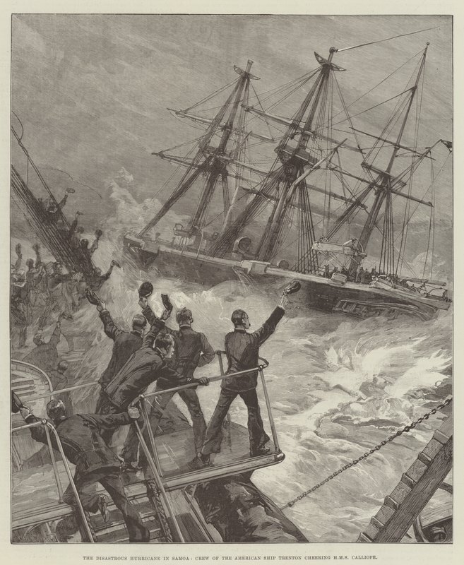 الإعصار الكارثي في ساموا ، طاقم السفينة الأمريكية ترينتون يشجع HMS Calliope بواسطة وليام هيشام أوفرند