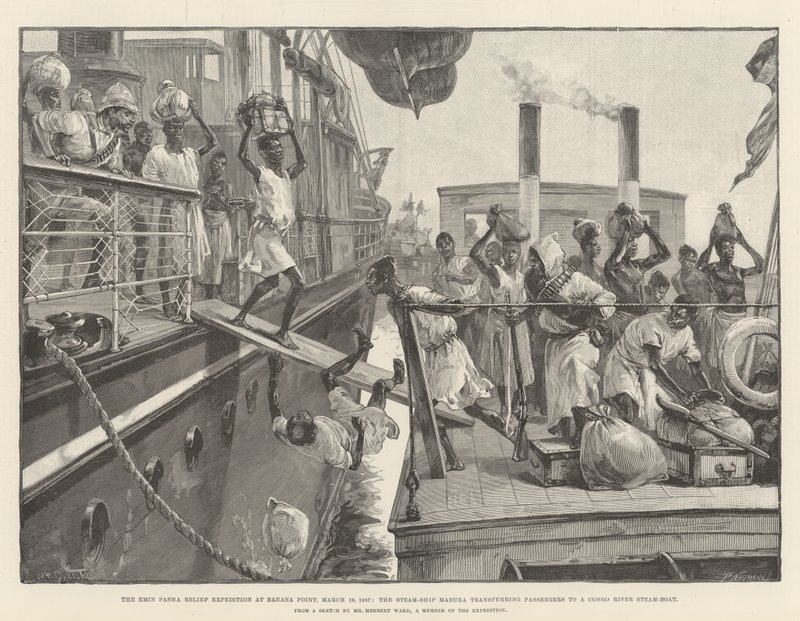 رحلة إيمين باشا للإغاثة في نقطة الموز ، 18 مارس 1887 ، السفينة البخارية مادورا تنقل الركاب إلى قارب بخاري على نهر الكونغو بواسطة وليام هيشام أوفرند