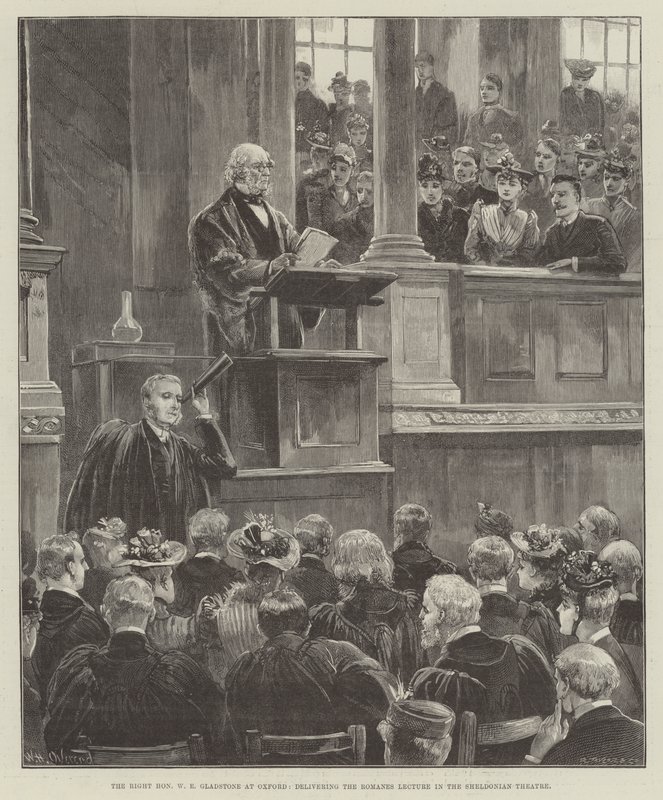 الشرف الصحيح WE Gladstone في أكسفورد ، يلقي محاضرة الرومان في مسرح Sheldonian بواسطة وليام هيشام أوفرند
