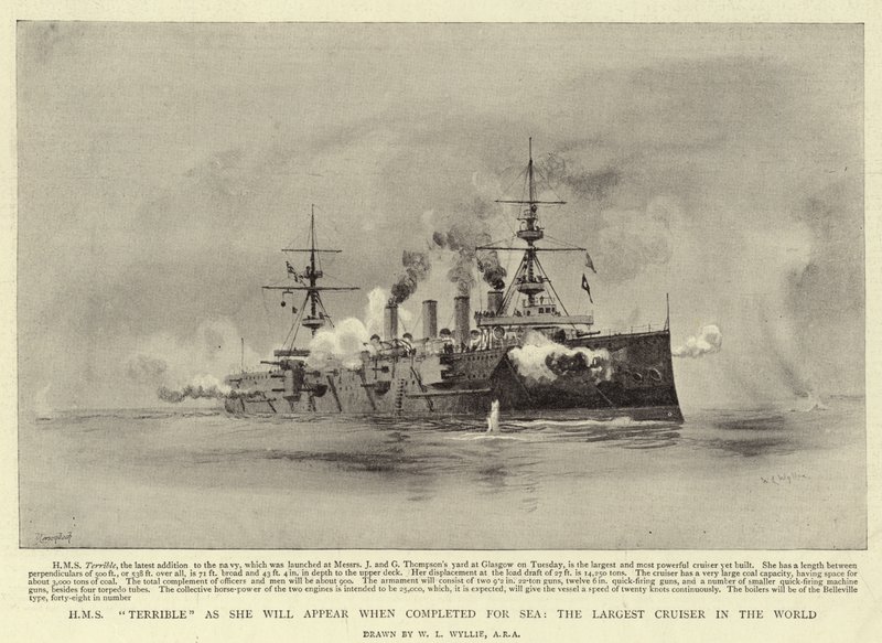 HMS رهيب لأنها ستظهر عند اكتمالها للبحر ، أكبر طراد في العالم بواسطة وليام ليونيل ويلي