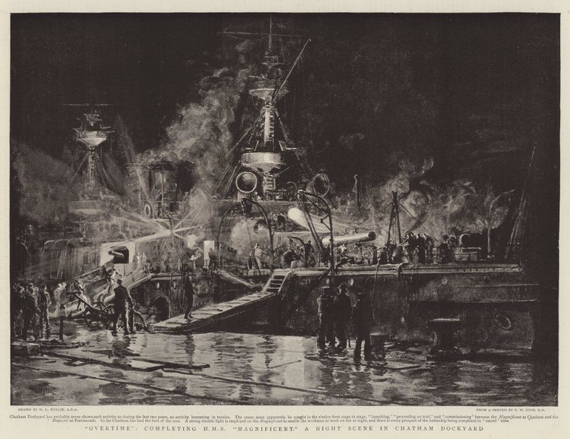 العمل الإضافي ، إكمال HMS Magnificent ، مشهد ليلي في Chatham Dockyard بواسطة وليام ليونيل ويلي