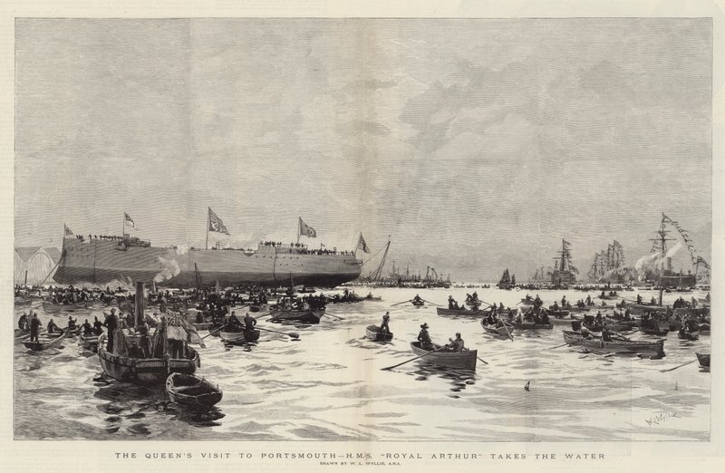 زيارة الملكة لبورتسموث ، HMS Royal Arthur يأخذ الماء بواسطة وليام ليونيل ويلي