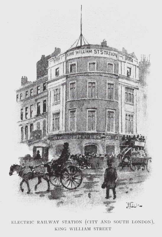 محطة سكة حديد كهربائية ، City and South London ، King William Street (litho) بواسطة وليام لوكير