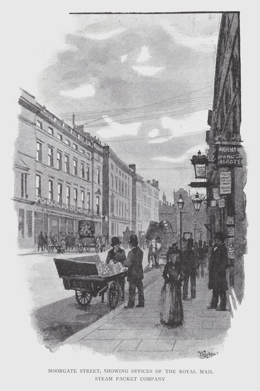شارع Moorgate ، يظهر مكاتب شركة Royal Mail Steam Packet Company (litho) بواسطة وليام لوكير