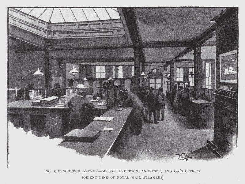 No 5 Fenchurch Avenue، Messrs Anderson، Anderson، and Co's Office، Orient Line of Royal Mail Steamers (litho) بواسطة وليام لوكير
