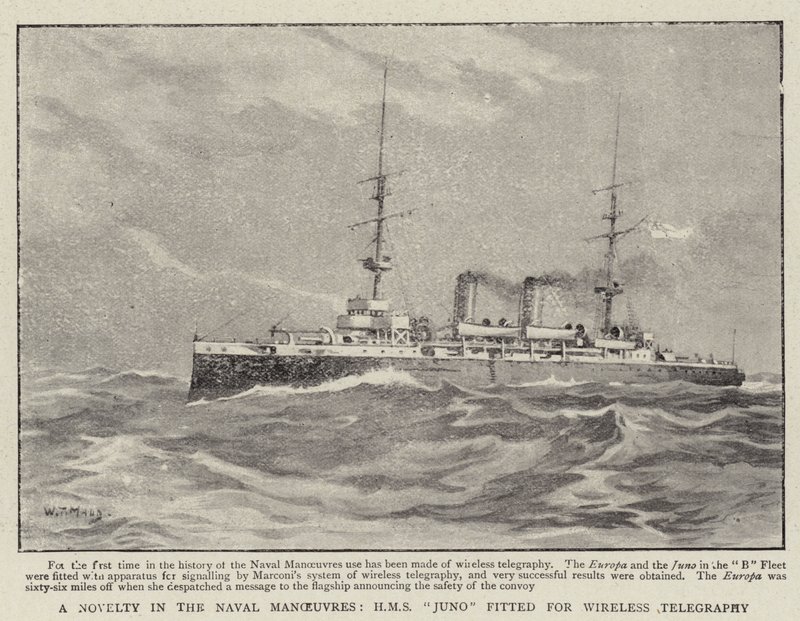 حداثة في المناورات البحرية ، تم تركيب HMS Juno على التلغراف اللاسلكي بواسطة وليام ت. مود