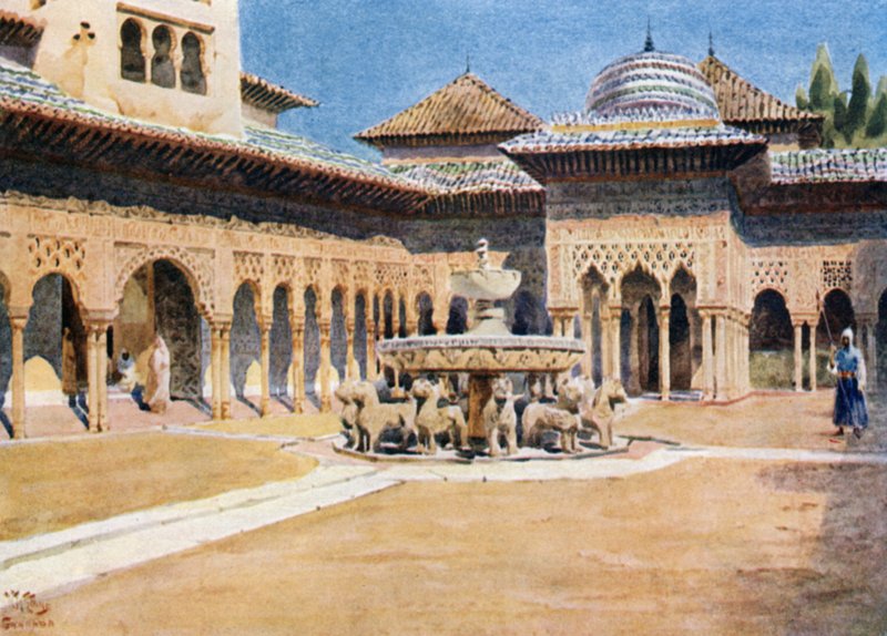 غرناطة ، قصر الحمراء ، محكمة الأسود (لون ليثو) بواسطة وليام ويهي كولينز