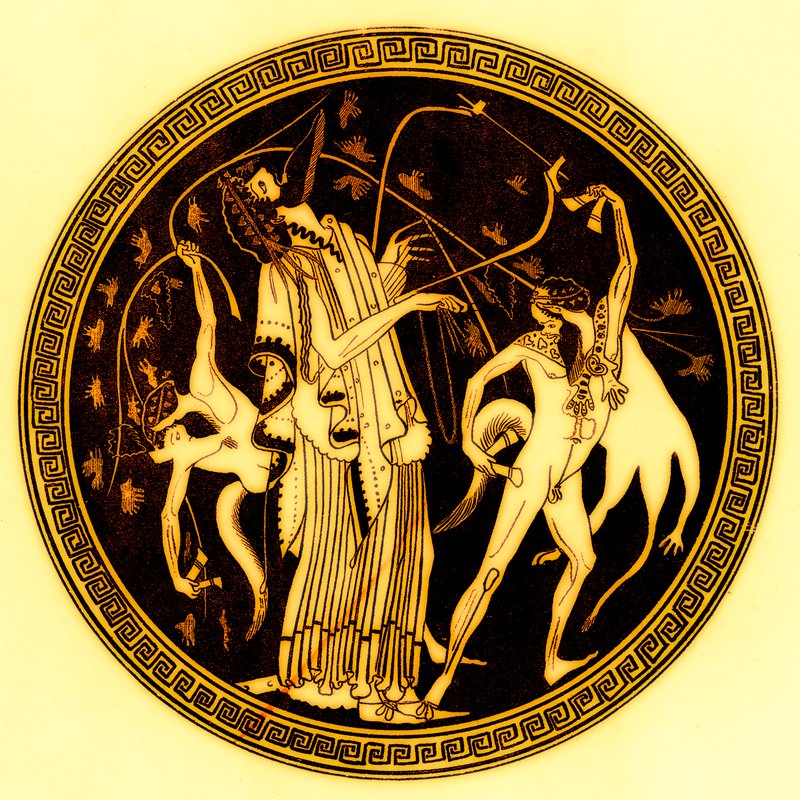 Dionysos و satyrs ، رسم توضيحي من لوحات زهرية يونانية بواسطة JE Harrison و DS MacColl ، تم نشره عام 1894 (صورة رقمية محسنة) بواسطة بعد المدرسة الإنجليزية