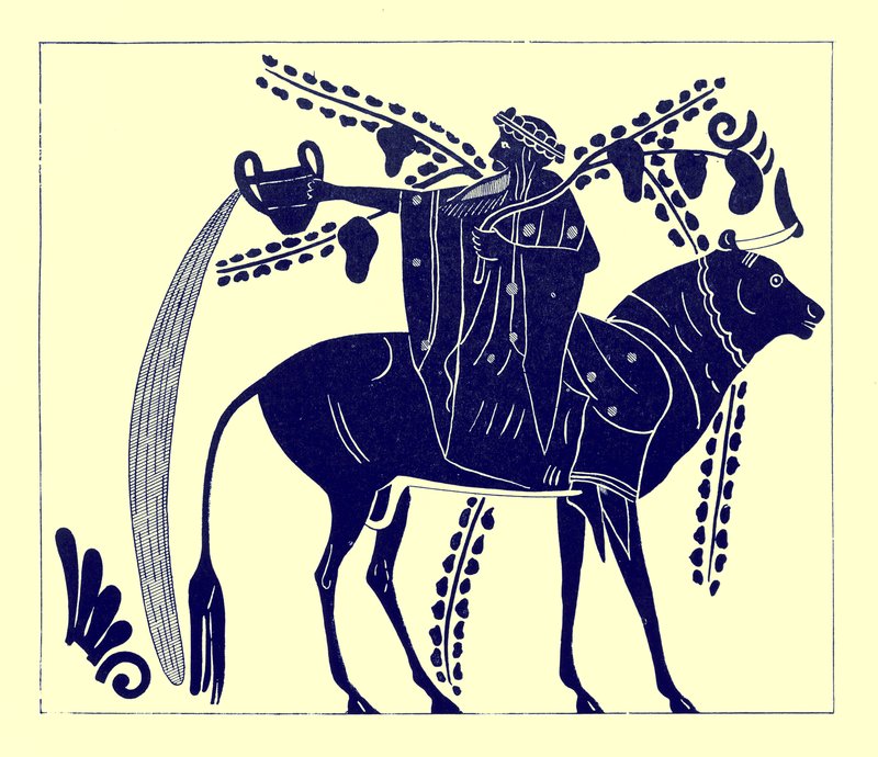 ديونيسوس يركب ثورًا ، رسم توضيحي من لوحات زهرية يونانية بقلم جي إي هاريسون و DS MacColl ، تم نشره عام 1894 (صورة رقمية محسنة) بواسطة بعد المدرسة الإنجليزية