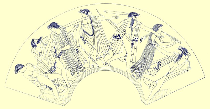Revel by Brygos ، رسم توضيحي من لوحات زهرية يونانية بواسطة JE Harrison و DS MacColl ، تم نشره عام 1894 (صورة رقمية محسنة) بواسطة بعد المدرسة الإنجليزية