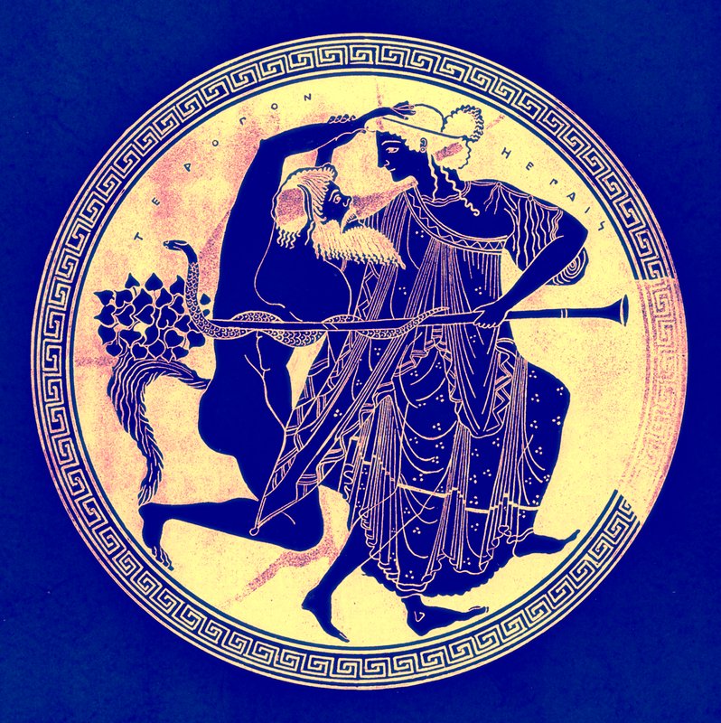 Satyr and Maenad ، رسم توضيحي من لوحات زهرية يونانية بواسطة JE Harrison و DS MacColl ، تم نشره عام 1894 (صورة رقمية محسنة) بواسطة بعد المدرسة الإنجليزية