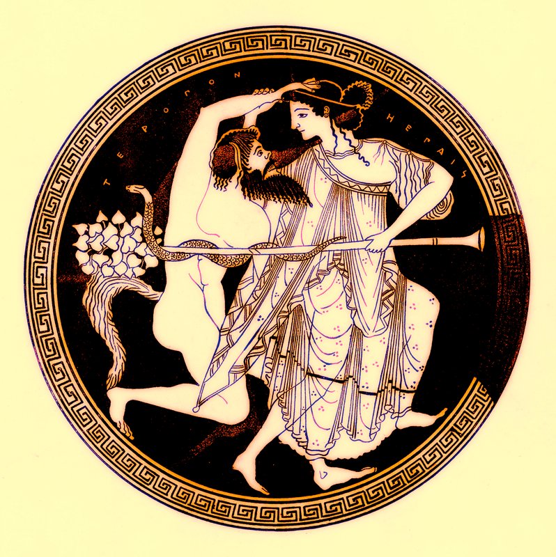 Satyr and Maenad ، رسم توضيحي من لوحات زهرية يونانية بواسطة JE Harrison و DS MacColl ، تم نشره عام 1894 (صورة رقمية محسنة) بواسطة بعد المدرسة الإنجليزية