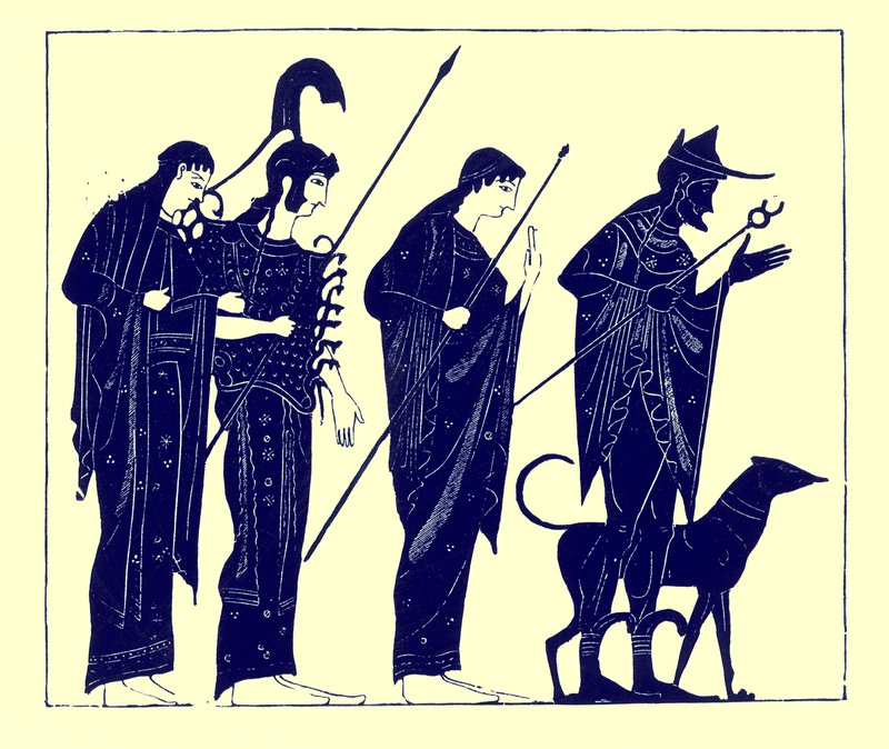 حكم باريس ، رسم توضيحي من لوحات زهرية يونانية بقلم جي إي هاريسون و DS MacColl ، تم نشره عام 1894 (صورة رقمية محسنة) بواسطة بعد المدرسة الإنجليزية