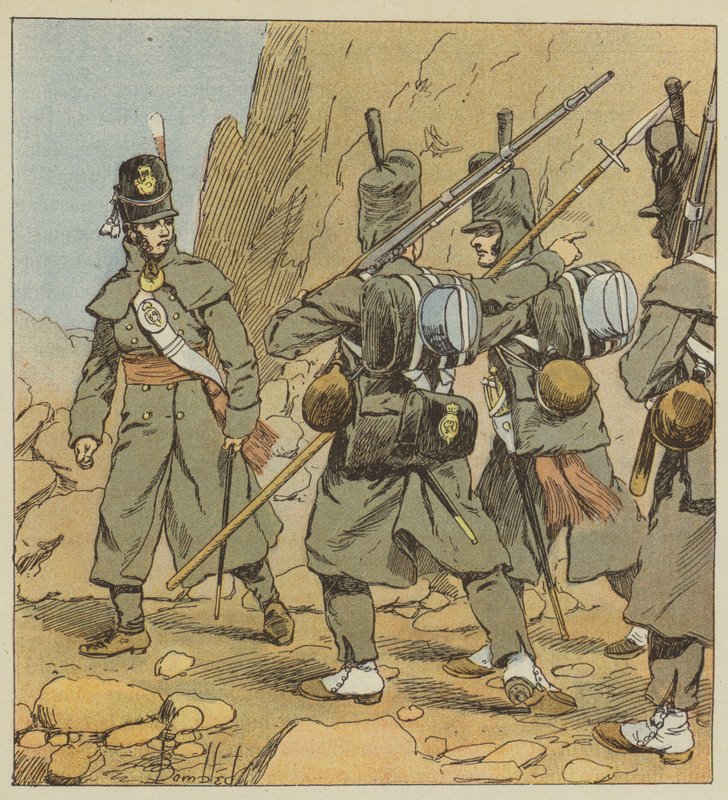 جنود الإنجليز من فوج حارس القدم الأول ، في لباس الطريق ، إسبانيا ، 1814 بواسطة بعد لويس تشارلز بومبل