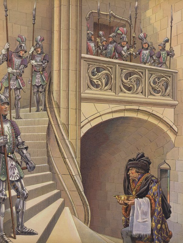 صعد الحلاق الدرج باتجاه حجرة الملك متجاوزا العديد من الحراس المسلحين (لون ليثو) بواسطة اسم مستعار لـ Onfray de Breville Jacques Job