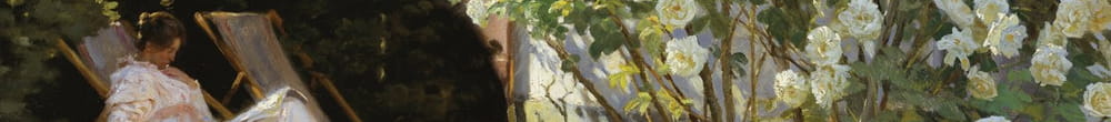 تجلس ماري كروير على كرسي الاستلقاء في الحديقة بجوار منزل السيدة بندسينز (Peder Severin Krøyer)